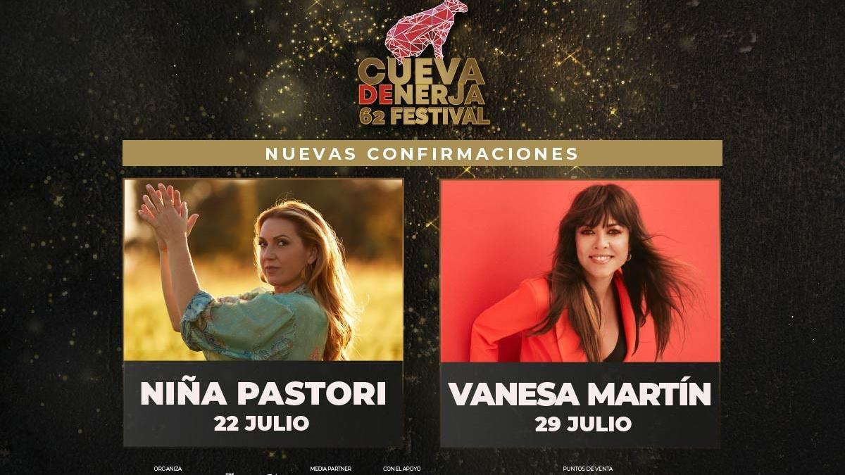 Carteles anunciadores de las actuaciones de Niña Pastori y Vanesa Martín en el Festival de la Cueva de Nerja.