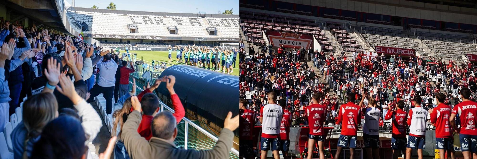 A la izquierda, aficionados del FC Cartagena en las gradas el Cartagonova; a la derecha, seguidores murcianistas en Nueva Condomina