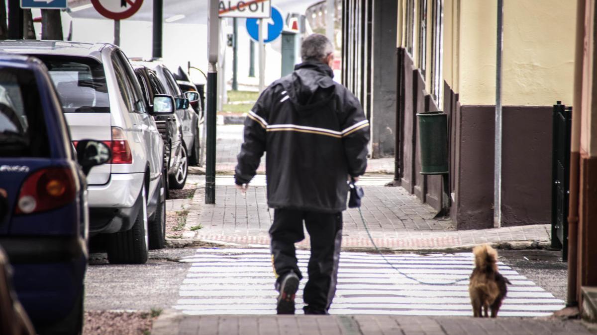 Un hombre paseando a su perro durante la cuarentena en Alcoy.