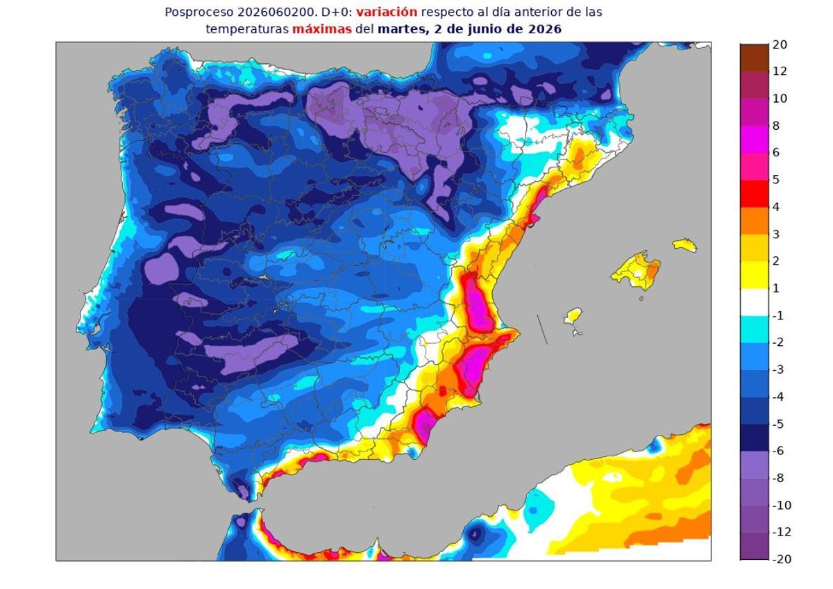 Variación de las temperaturas en las últimas 24 horas, según mapa de la Aemet.