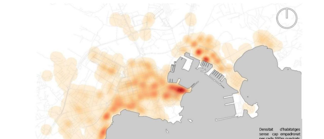 Mapa con las zonas de Vila con más número de viviendas sin nadie empadronado.  | AYUNTAMIENTO DE IBIZA