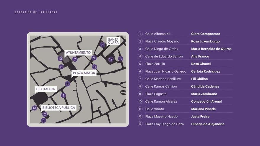 Distribución de las calles que cambiarán su nombre por un día en homenaje a la mujer.