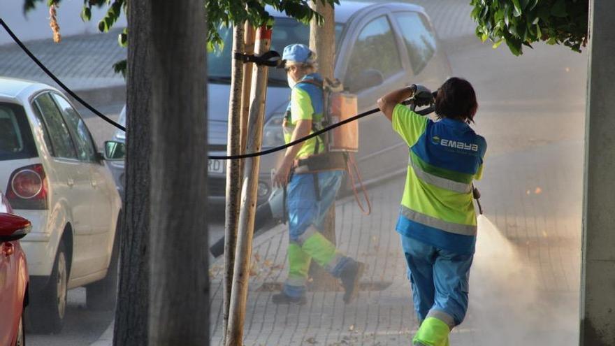 Trabajadoras de Emaya limpian con agua.