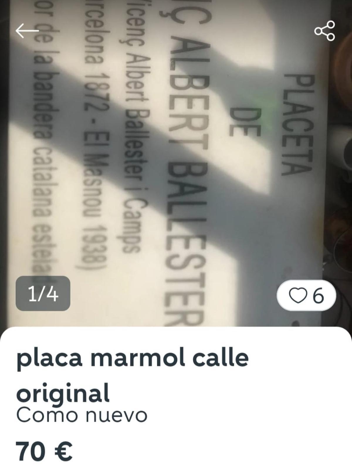 Anuncio de venta de la placa de la placeta Vicenç Albert Ballester de Barcelona.