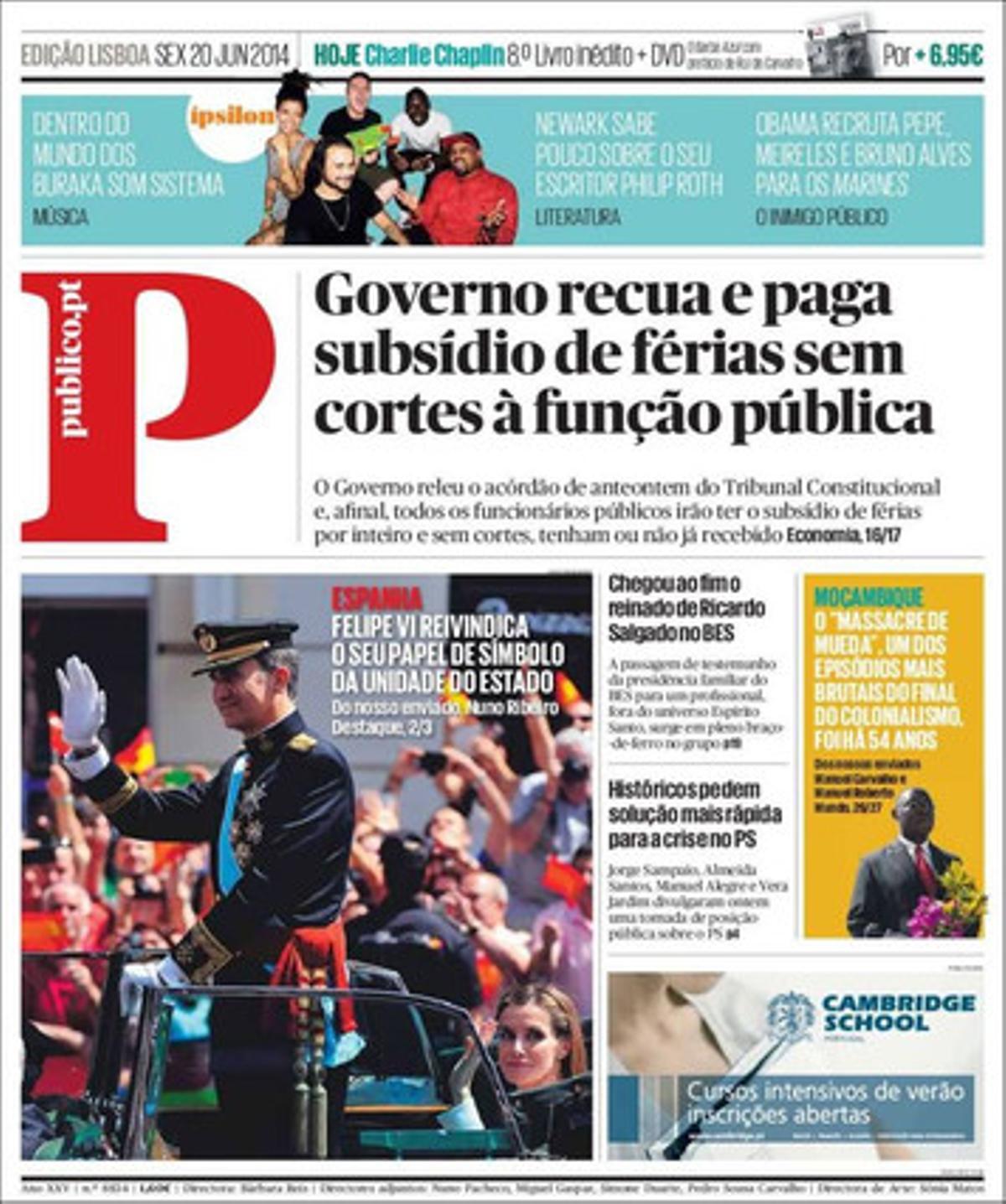 Portada del portuguès ’Publico’.