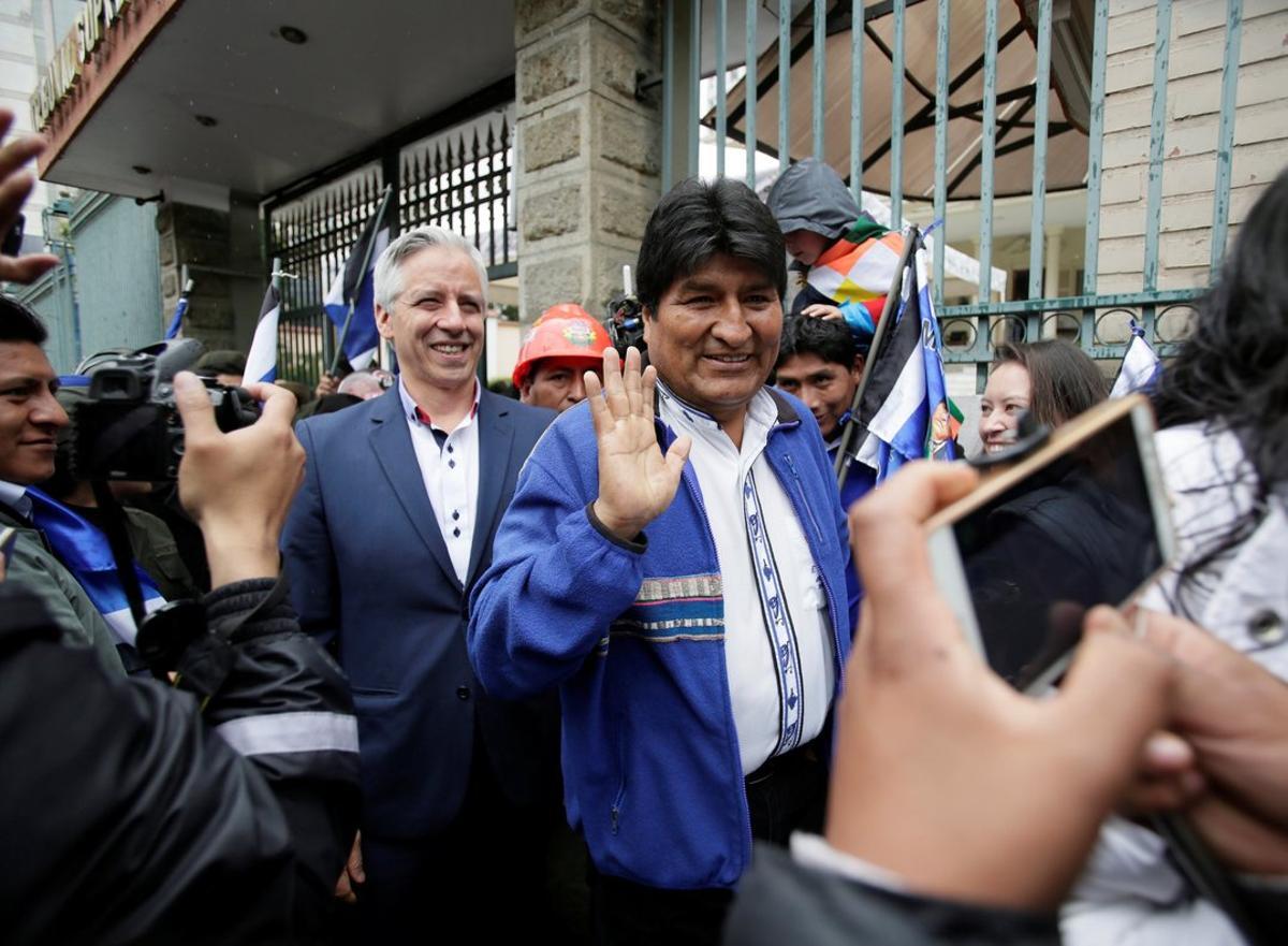 Bolivia s President Evo Morales and Vice President Alvaro Garcia Linera are seen after registering candidates in Bolivian primaries  in La Paz  Bolivia. REUTERS David Mercado