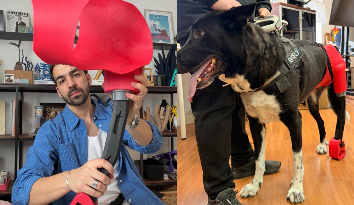 Guillermo Gauna-Vivas junto a uno de los perros portando la prótesis realizada con impresora 3D.