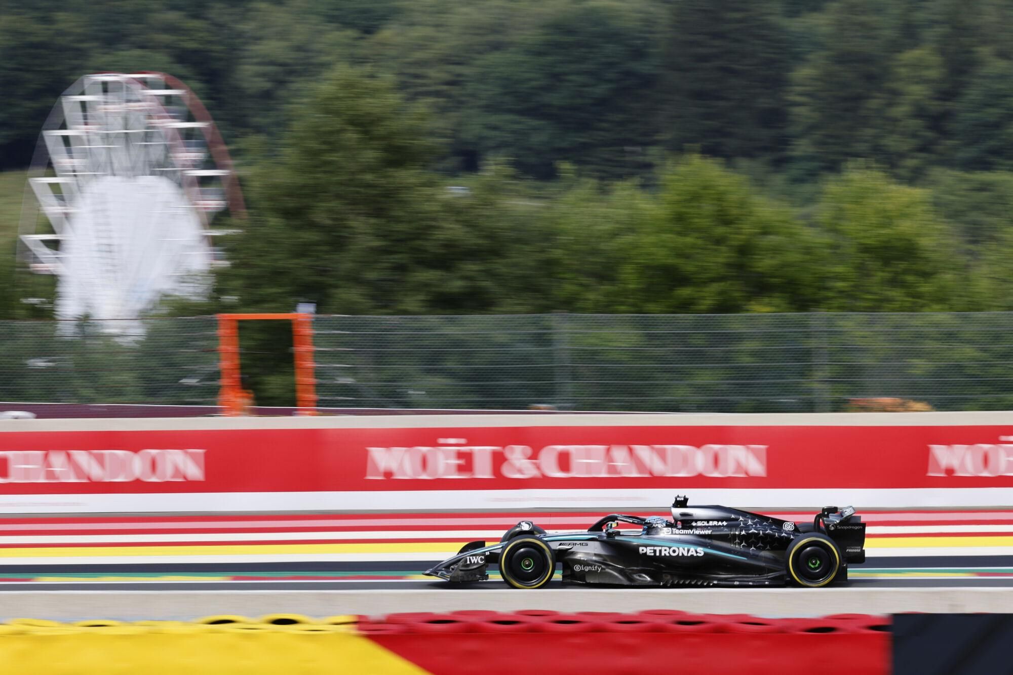Mercedes driver George Russell of Britain steers his car during the Formula One Grand Prix at the Spa-Francorchamps racetrack in Spa, Belgium, Sunday, July 27, 2025. (AP Photo/Geert Vanden Wijngaert)