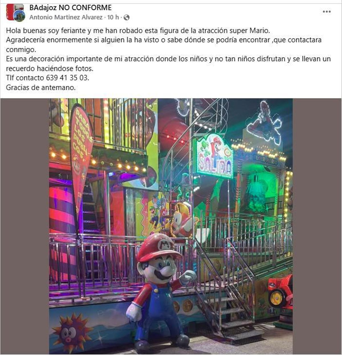 Publicación de Antonio Martínez en Facebook para tratar de localizar a la figura de Mario Bros.
