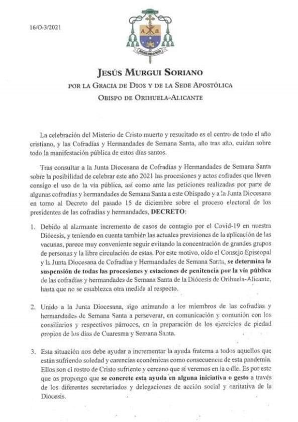 El Obispado cancela las procesiones en toda la Diócesis por el aumento de los casos de coronavirus