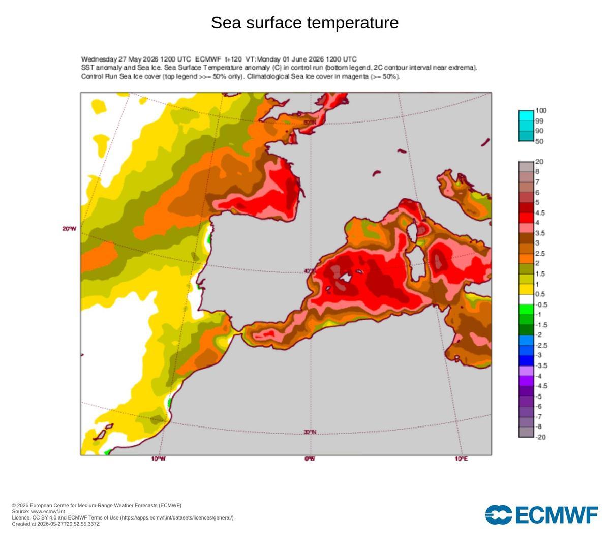 Previsión de la anomalía de temperatura del mar prevista para el lunes 1 de junio
