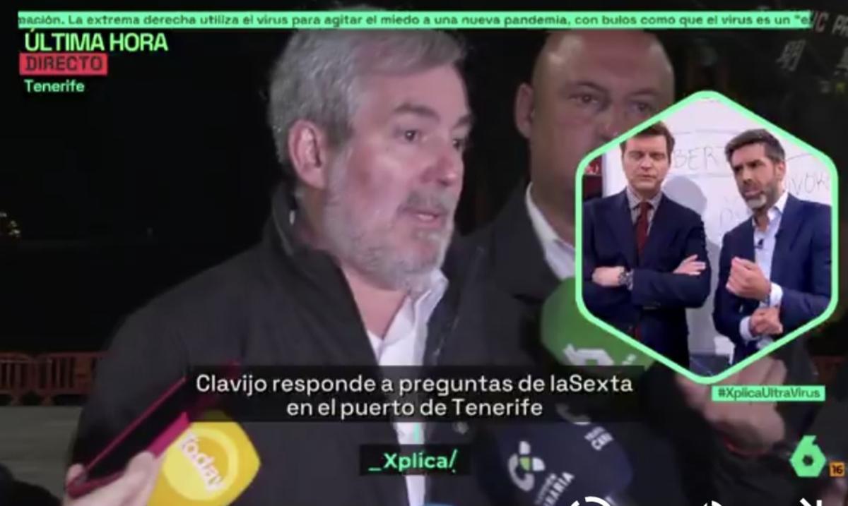 Retransmisión de la comparecencia de Fernando Clavijo en 'laSexta Xplica' mientras Yélamo y Marc Giró esperan para retomar su charla