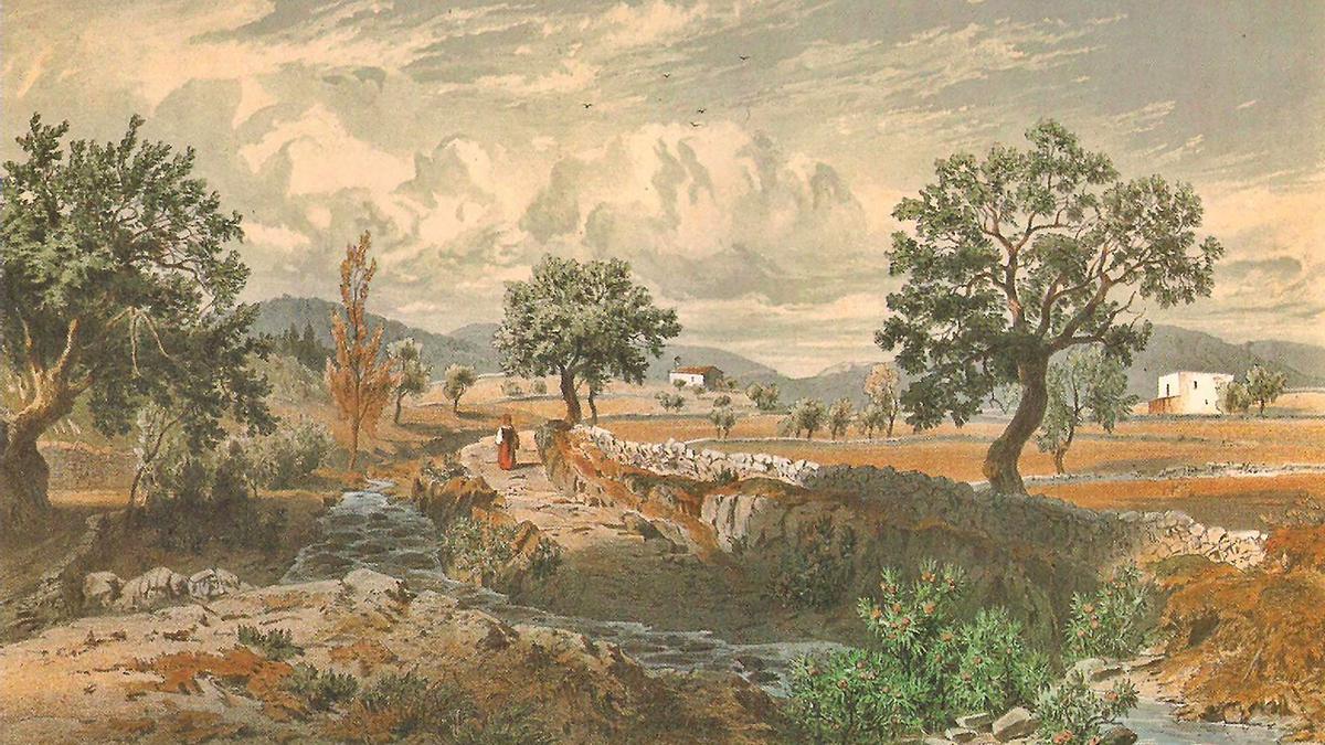 Litografia de l&#039;arxiduc Lluís Salvador d&#039;Àustria el 1867 amb la vall de sa Cala amb l&#039;esgl`ésia al mig de la imatge.