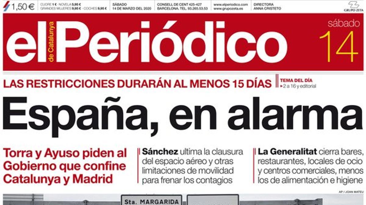 La portada de EL PERIÓDICO del 14 de marzo del 2020.