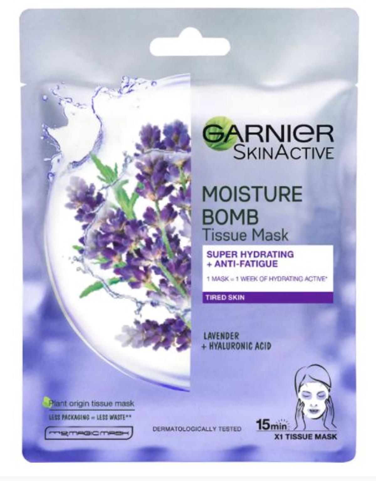 Mascarilla facial de tela hidratante Moisture Bomb Lavender de Garnier