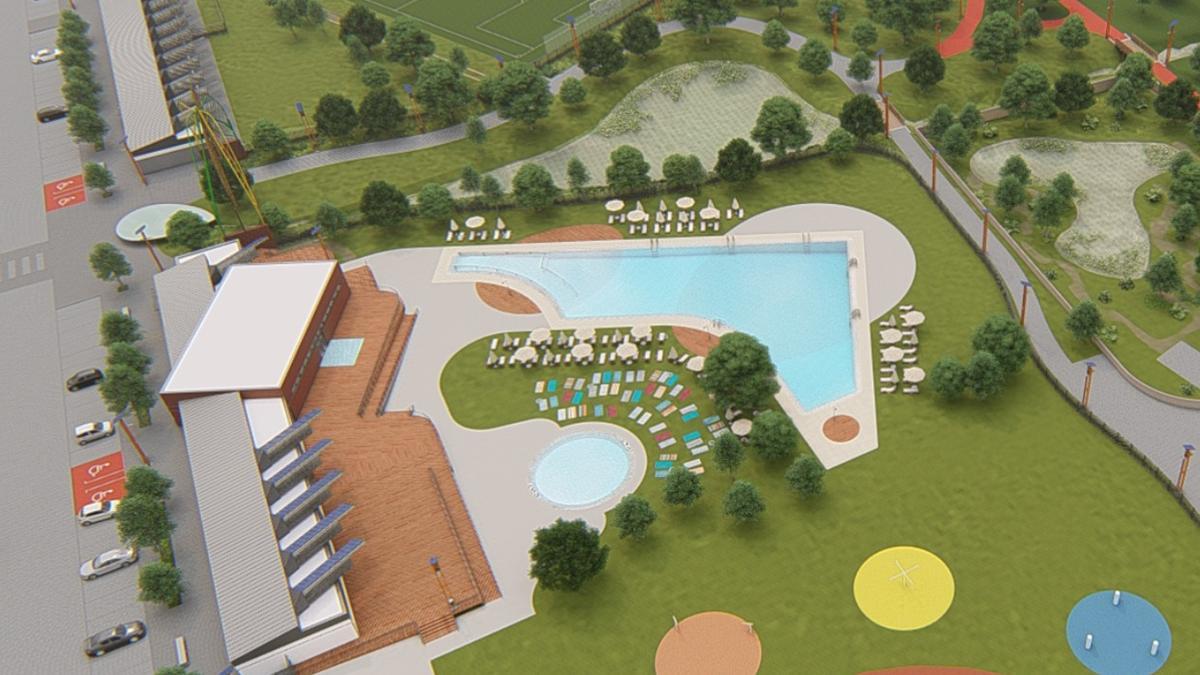Infografía que recrea las futuras piscinas y pistas deportivas del parque de Cerveira.