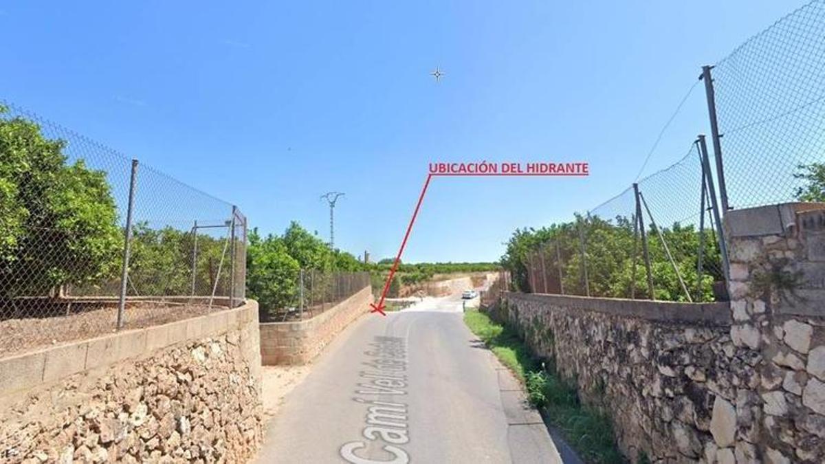 Localización del hidrante en el Camí Vell de Corbera.