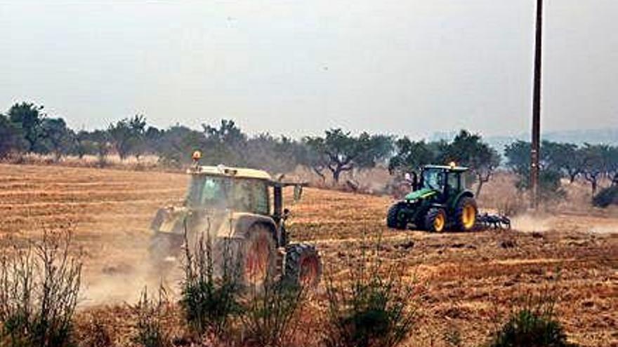 Tractors treballant la terra a Maials per evitar que el foc pugui avançar