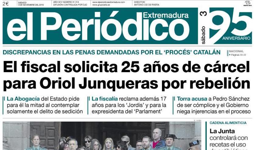 Esta es la portada de EL PERIÓDICO EXTREMADURA correspondiente al día 3 de noviembre del 2018