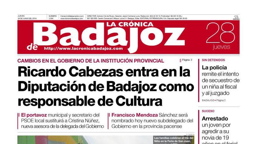 Esta es la portada de LA CRÓNICA DE BADAJOZ correspondiente al día 28 de junio del 2018