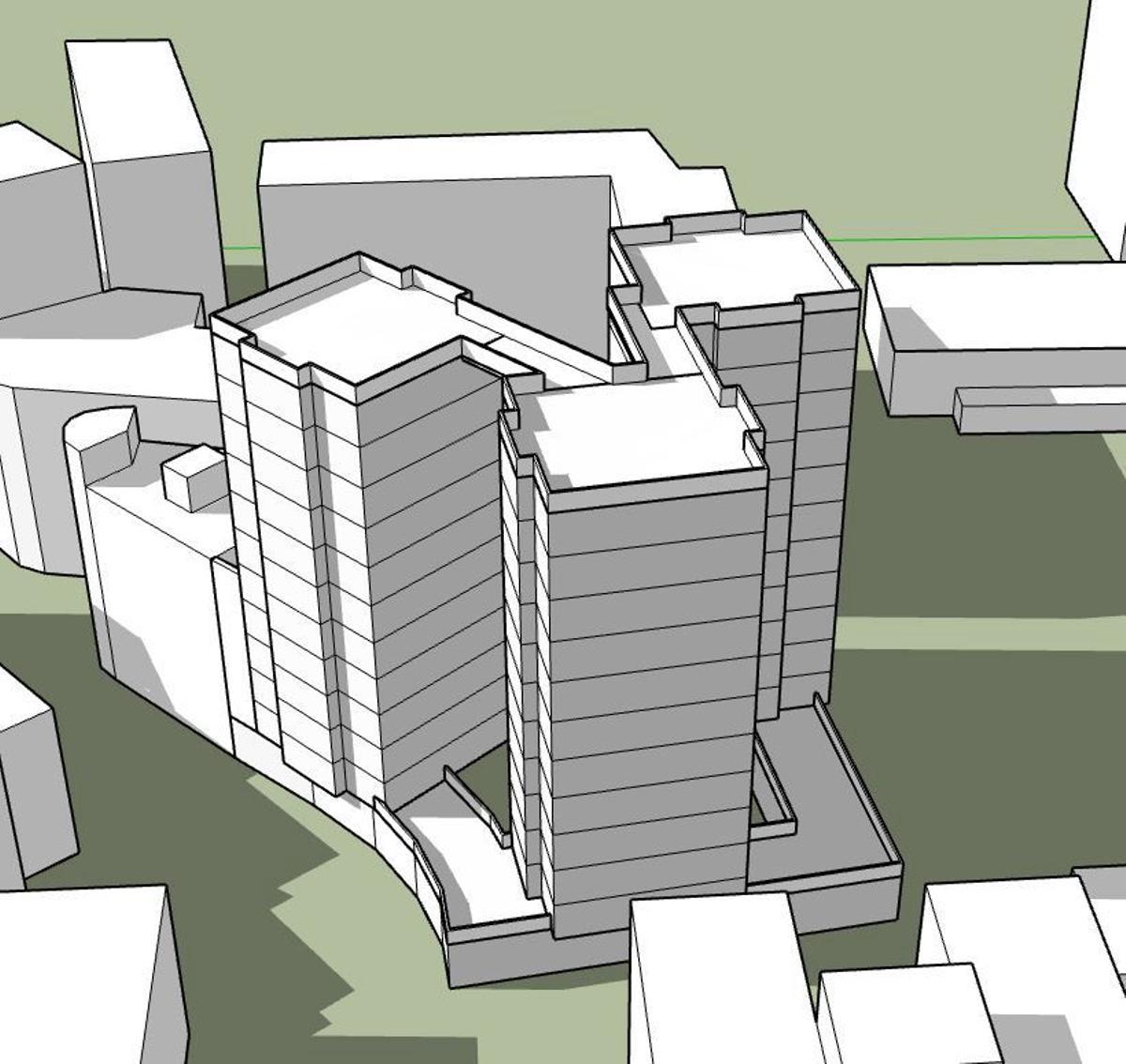 Infografía del solar con los tres edificios proyectados.