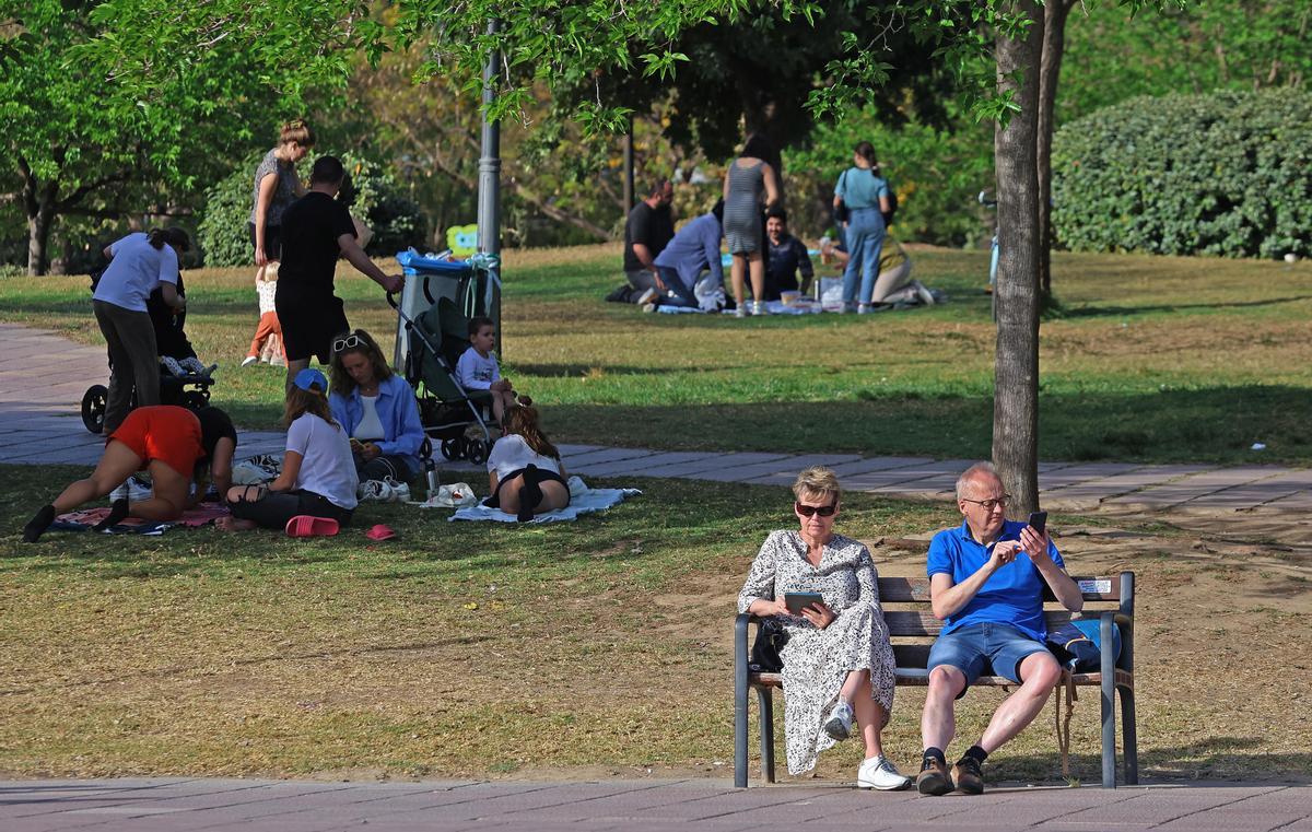 Valencia . semana de altas temperaturas en Valencia calor en el mes de Abril . Gente tomando el sol en el parque del rio