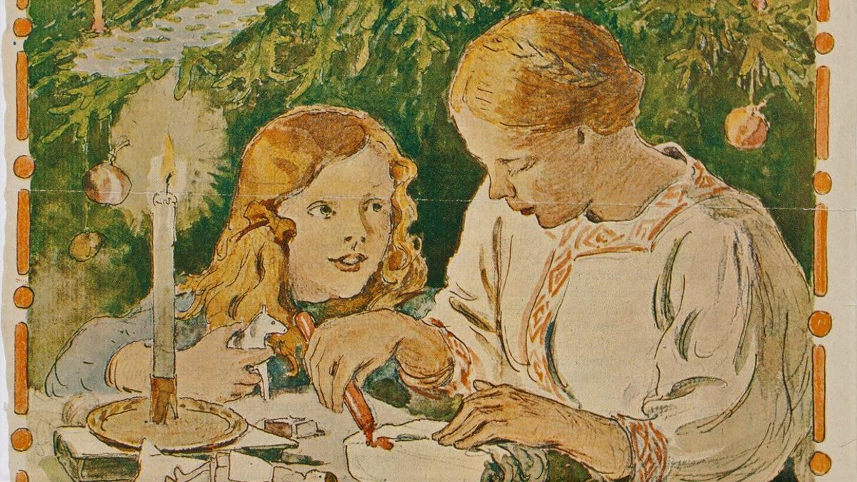 Una madre y una hija envolviendo regalos en una ilustración de la pintora finlandesa Venny Soldan-Brofeldt de 1909.