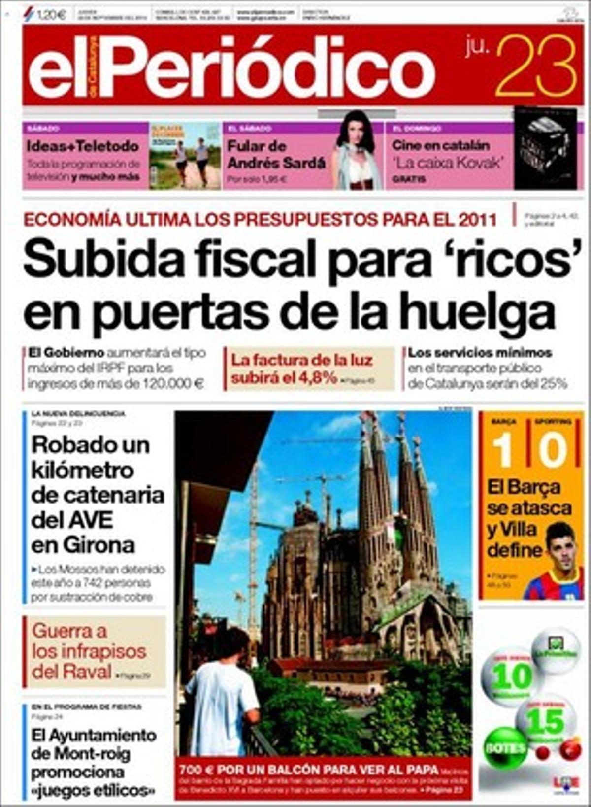 A més dels temes de portada, EL PERIÓDICO destaca a dins com a temes singulars que Bèlgica té per primer cop un Govern amb majoria de dones, que el jutge del Palau es resisteix que Millet declari sobre Convergència, que els lladres de coure roben 1 km de catenària de l’AVE a Girona, que l’Ajuntament de Mont-roig promociona jocs etílics, que la néta d’un oficial del ’Titanic’ culpa el timoner del naufragi i que augmenta la pressió d’urbans i mossos en els infrapisos del Raval. També entrevista Peter Gabriel, i explica que Enrique Morente reivindica el perruquer de Picasso, que els dissenyadors clamen contra el veto a les talles XL i que Belén Esteban seria tercera en unes eleccions generals.