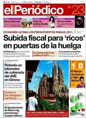 A més dels temes de portada, EL PERIÓDICO destaca a dins com a temes singulars que Bèlgica té per primer cop un Govern amb majoria de dones, que el jutge del Palau es resisteix que Millet declari sobre Convergència, que els lladres de coure roben 1 km de catenària de l’AVE a Girona, que l’Ajuntament de Mont-roig promociona jocs etílics, que la néta d’un oficial del ’Titanic’ culpa el timoner del naufragi i que augmenta la pressió d’urbans i mossos en els infrapisos del Raval. També entrevista Peter Gabriel, i explica que Enrique Morente reivindica el perruquer de Picasso, que els dissenyadors clamen contra el veto a les talles XL i que Belén Esteban seria tercera en unes eleccions generals.