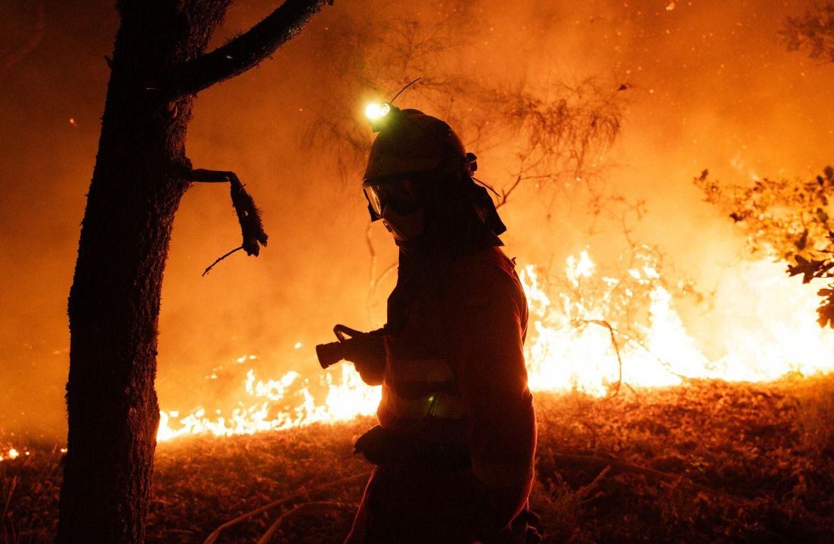 Lucha contra el fuego en el incendio que calcina Oimbra (Ourense). Los incendios siguen arrasando la provincia de Ourense y los que están activos han calcinado más de 62.000 hectáreas. / EFE