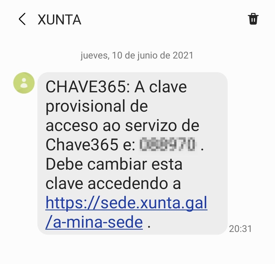 Este es el SMS que le llega al usuario una vez se ha vacunado con la primera dosis en la que se le informa de su contraseña para entrar en Chave365.