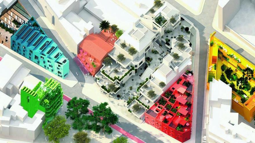 Die Plaça Gomila samt Umgebung, wie sie ab Herbst 2023 aussehen soll. Mehrere der farbigen Gebäude sind bereits zu einem großen Teil fertiggestellt.  | FOTOS: GRAS + MVRDV