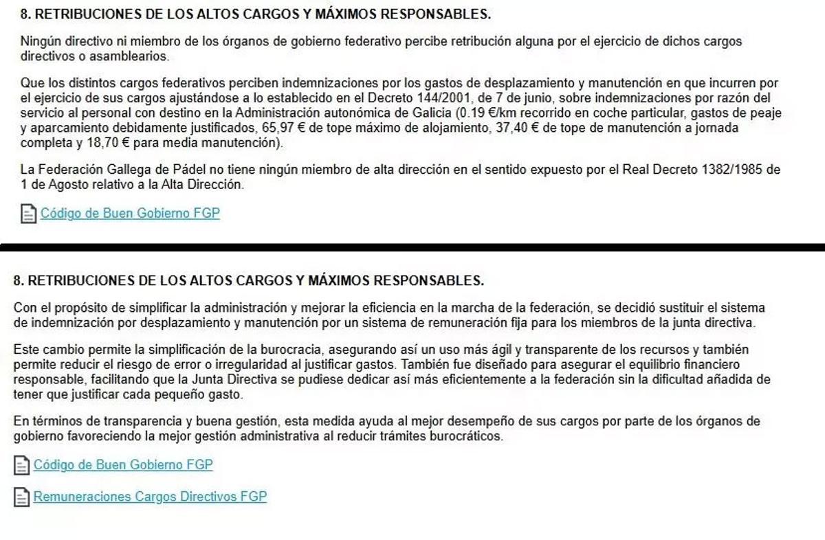 Las dos versiones de la web, con y sin el concepto reconocido de «remuneraciones». La nueva es de junio de 2025.