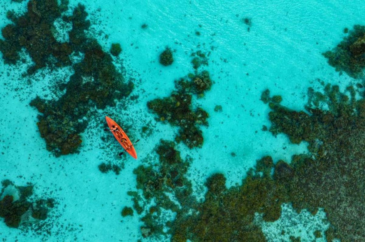 Eine Luftaufnahme auf der Insel Fakarava in Französisch-Polynesien