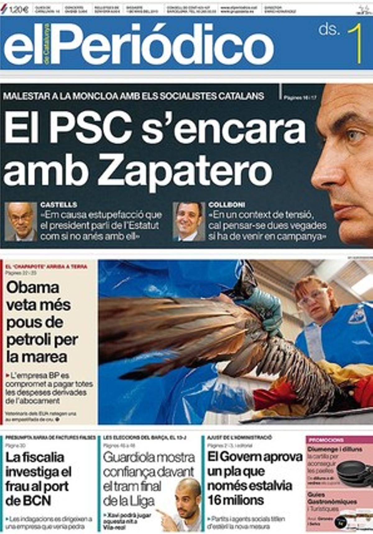 1 de maig del 2010. Els socialistes catalans i Zapatero, en tensió.