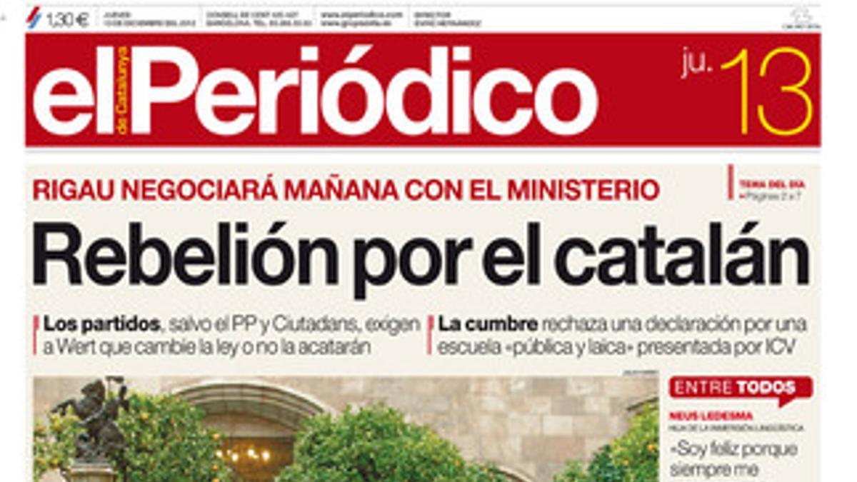 La portada de EL PERIÓDICO (13-12-2012).