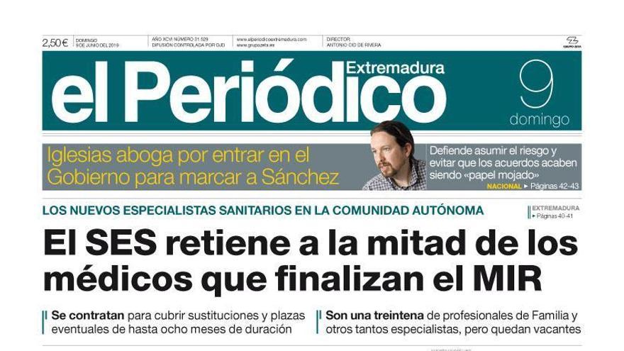 Esta es la portada de EL PERIÓDICO EXTREMADURA correspondiente al día 9 de junio del 2019