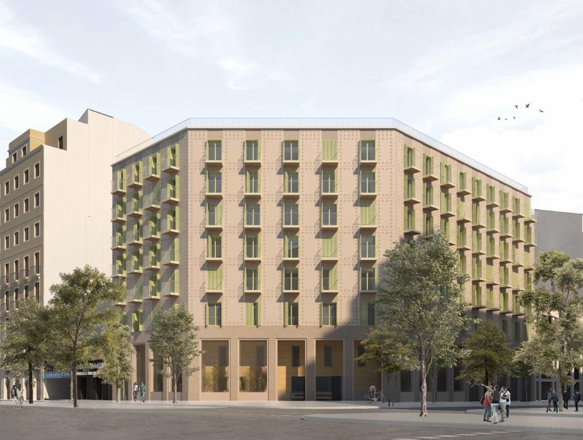 Recreación virtual del edificio que albergará pisos y un CAP en la esquina de la Gran Via con Nàpols, en Barcelona.
