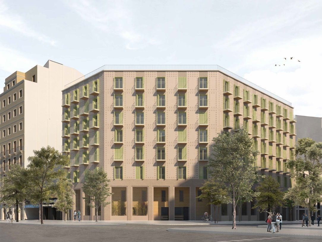 Recreación virtual del edificio que albergará pisos y un CAP en la esquina de la Gran Via con Nàpols, en Barcelona.