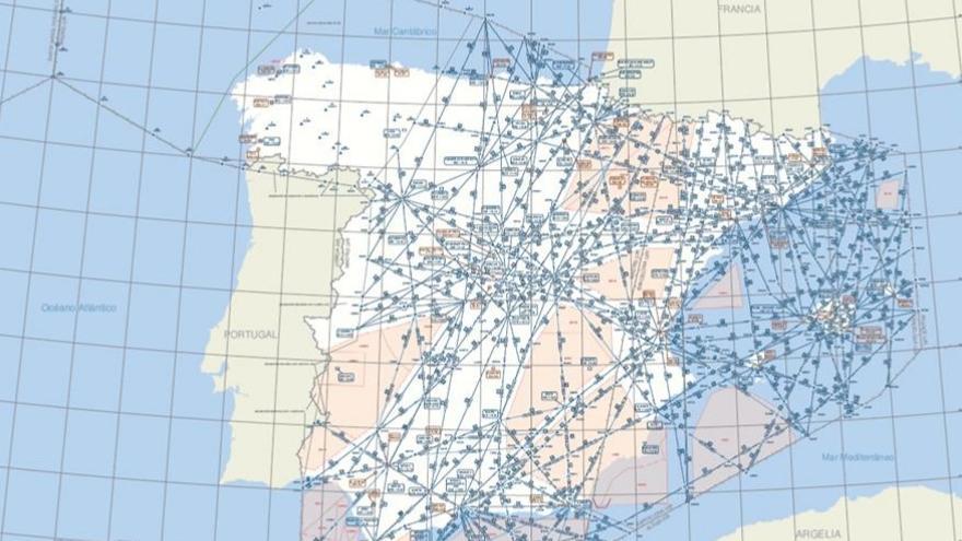 Mapa de aerovías establecidas para la navegación aérea en España