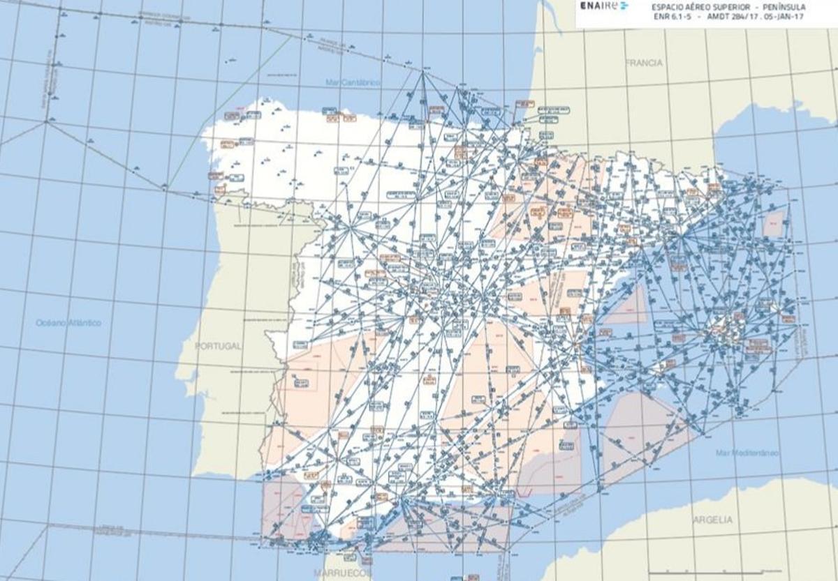 Mapa de aerovías establecidas para la navegación aérea en España