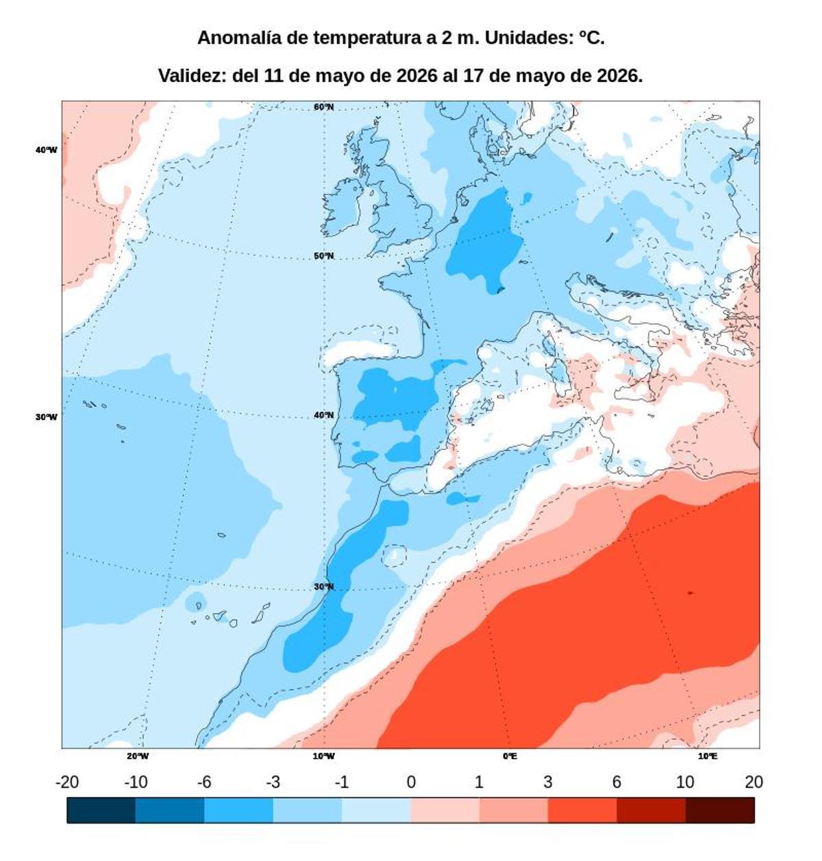 Anomalía de temperaturas en la semana que inauguramos hoy, según mapa difundido por la Aemet.