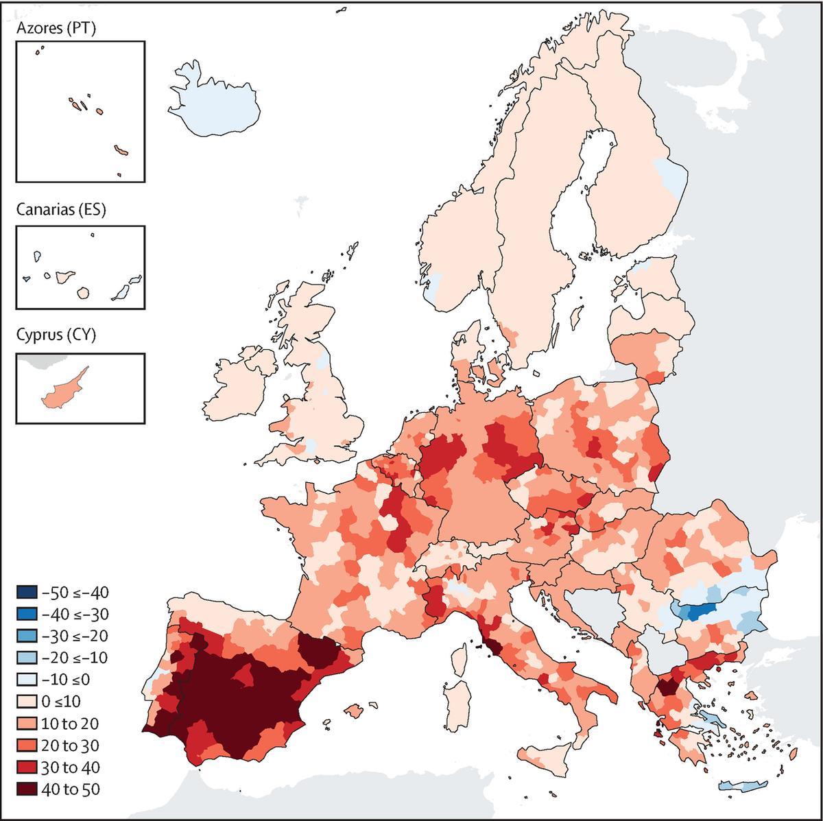 Tendencias en la incidencia de mortalidad relacionada con el calor (muertes anuales por millón por década) en Europa para la población general (2000-2020). Los tonos rojos indican una tendencia creciente y los azules una tendencia decreciente. Cuanto más oscuro sea el color, mayor será la tendencia.