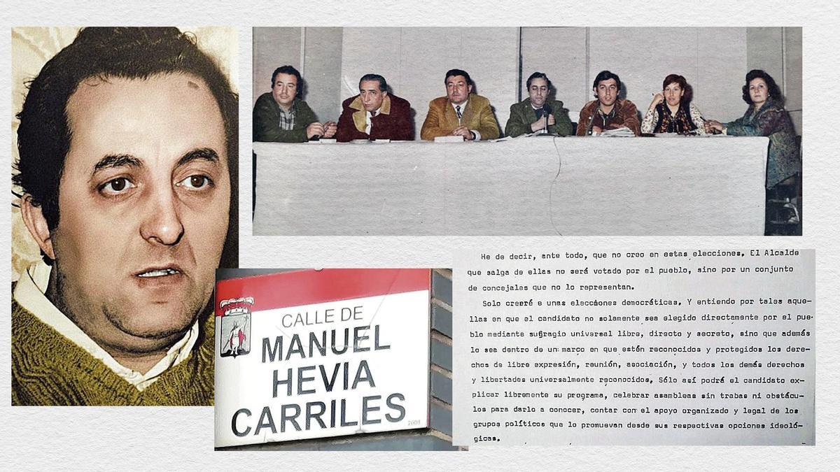 Manuel Hevia, a la izquierda; una de las actividades de difusión de su candidatura; el letrero de la calle que lleva su nombre y parte de su discurso.