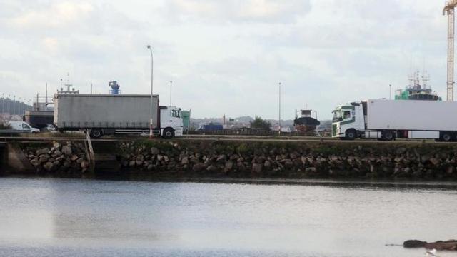 Dos camiones se cruzan en la carretera de acceso al muelle de Tragove, en Cambados, durante el día de ayer.