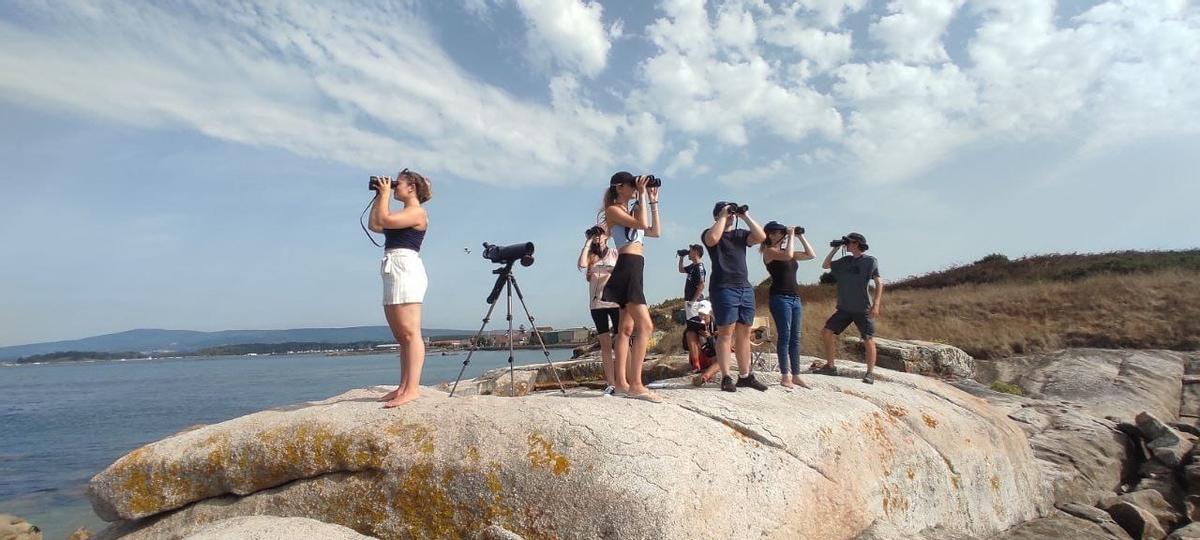 Alumnnos del BDRI observando mamíferos marinos y aves desde las rocas de Punta Cantodorxo.