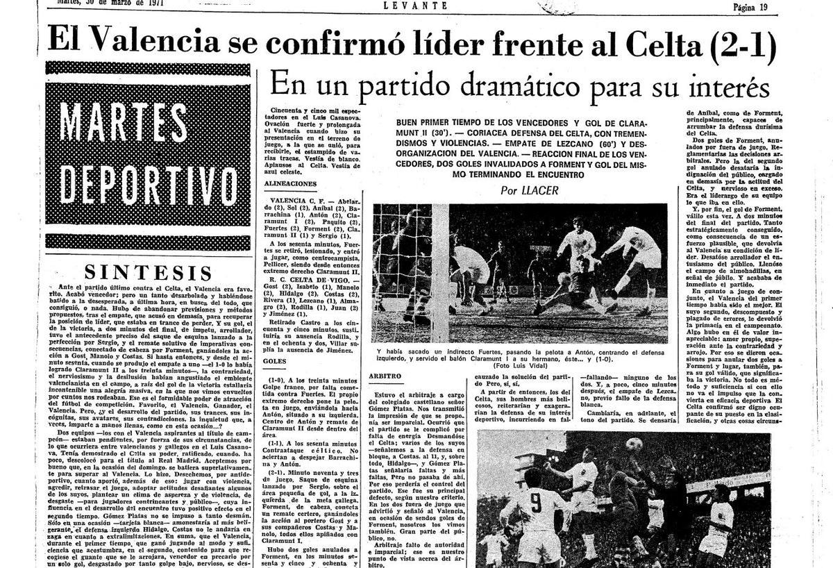Así trató el periódico Levante-EMV el gol de Forment frente al Celta en 1971