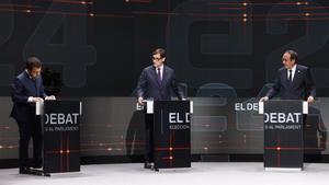 Pere Aragonès, Salvador Illa y Josep Rull, en el debate organizado por TV3 y Catalunya Radio