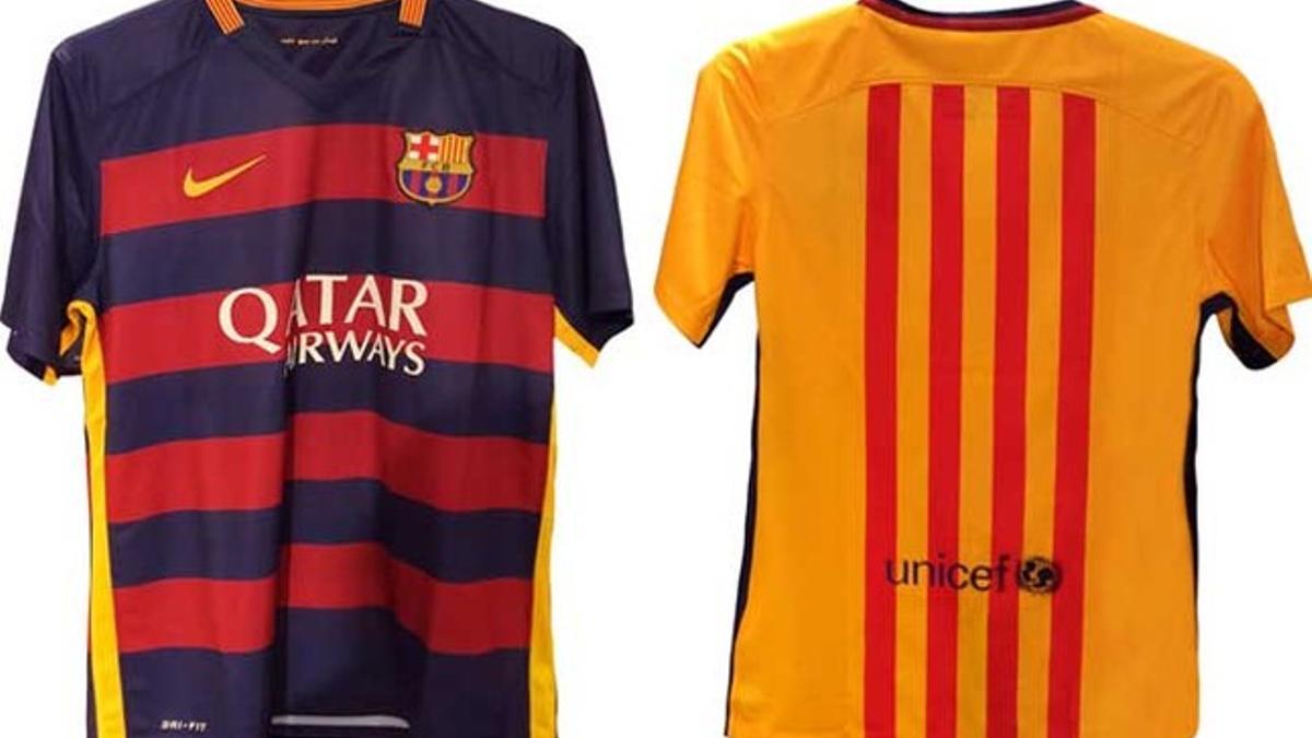 Las nuevas camisetas del FC Barcelona 2015-16 se presentarán este domingo. En la imagen de la izquierda, la equipación titular (parte delantera). En la de la derecha, la equipación suplente (parte posterior)