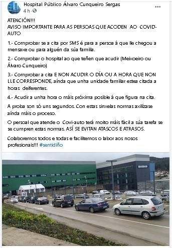 El perfil de Facebook del Álvaro Cunqueiro compartió estas directrices para acudir a las citas de Auto Covid.